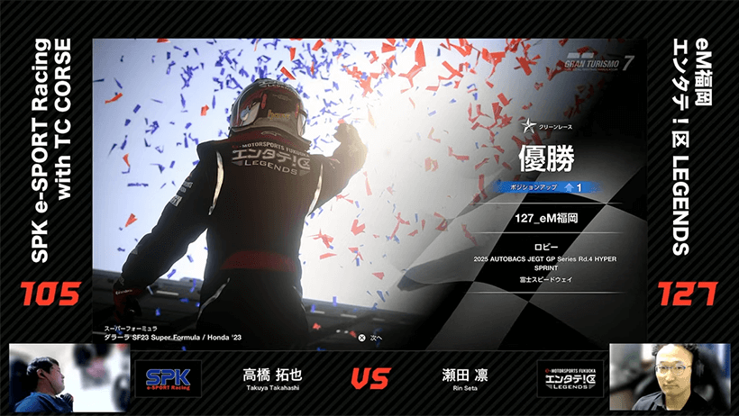 2025 AUTOBACS JEGT,ROUND4,eM福岡 エンタテ！区 LEGENDS,瀬田凛,優勝画面,グランツーリスモ7